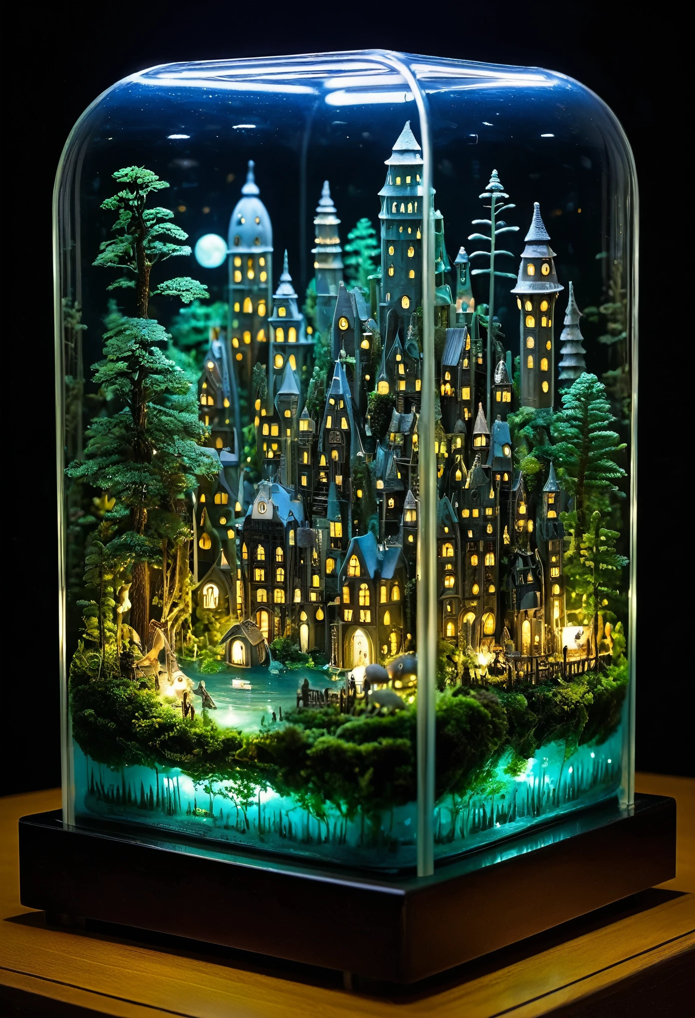 A mesmerizing scene of a miniature metropolis encased in glass, nestled amidst a nocturnal forest, illuminated by bioluminescent creatures, inspired by the works of Studio Ghibli.