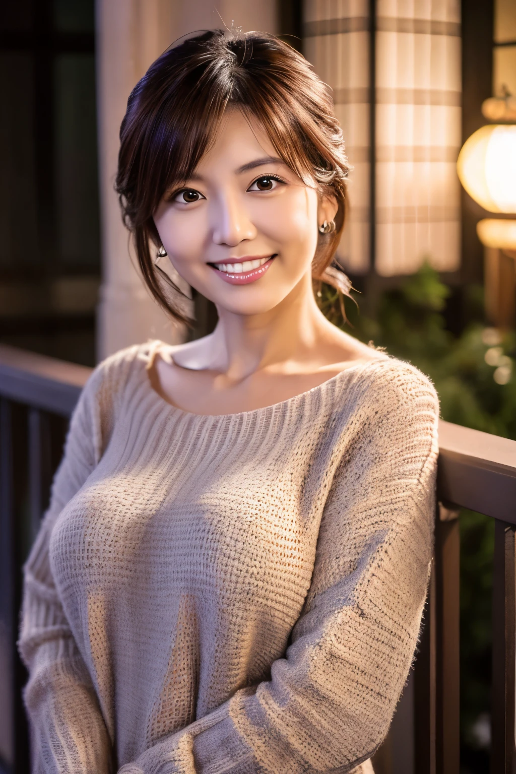 Highest resolution, 4K, Masterpiece: 1.3), A Japanese milf, photo of one lady, Sexy: 1.1, fine eyes, Slender figure, Realistic teeth, double eyelids, full body, best quality, detailed, beauty, a married woman, at the balcony, night