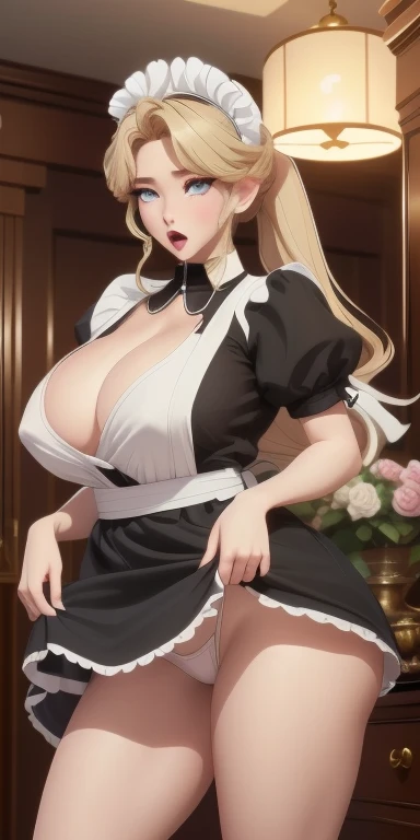 (masterpiece), best quality, Super detailed, Perfect hands, Perfect legs, Delicate eye expression, 1 Girl (assemble_Yaori, Sexy, 丰满Sexy身材, Huge breasts(((Cleavage)))8k, Wide hips, , Long hair, Eye(空洞的Eye)), Expressionless,open mouth,Saliva flows alone,, whole body,maid(Black, Mini skirt),maid headdress, skirt lift, In the middle of the night, Living room hallway(hidden, Only candles are glowing), walk,Sexy waist teasing,