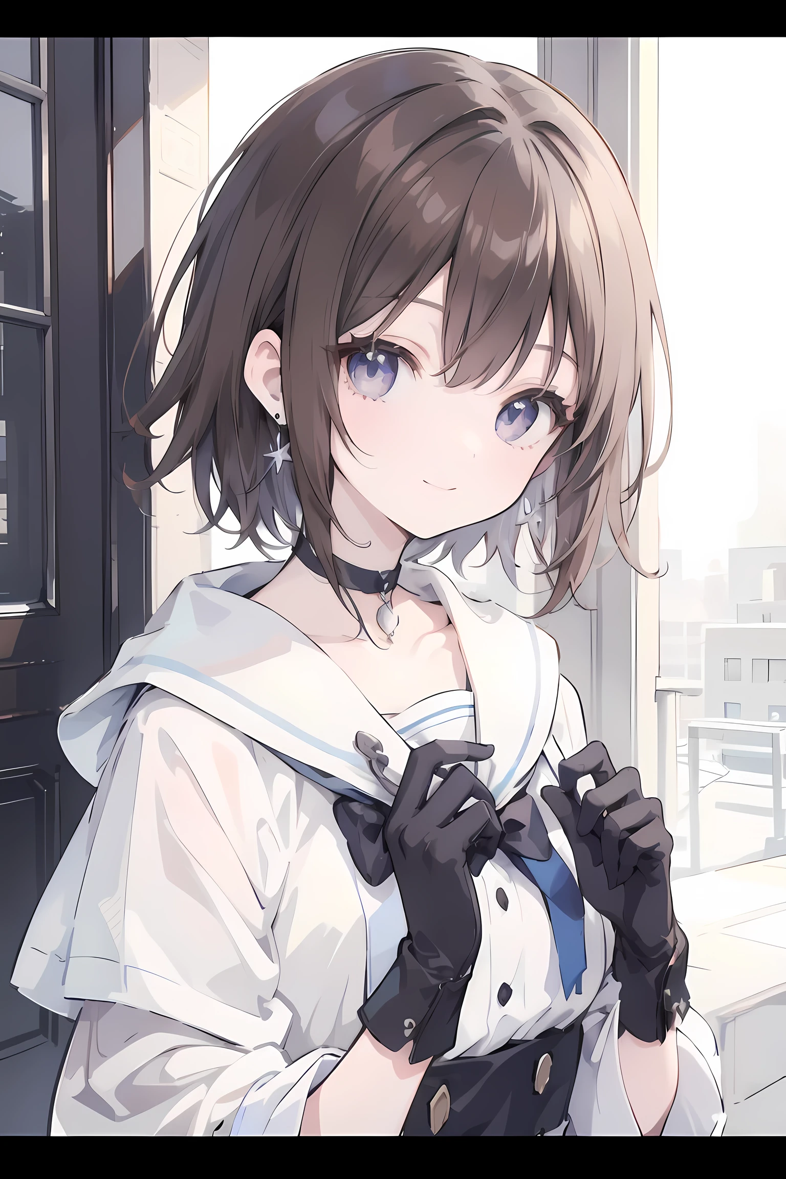 1girl, anime_coloring, black_eyes, black_gloves, brown_hair, choker, earrings, gloves, jewelry, letterboxed, parody, short_hair, smile, solo, style_parody,  