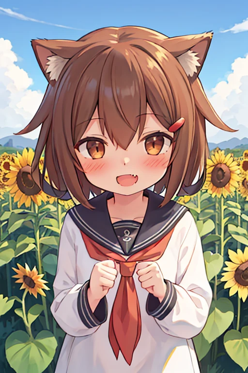 masterpiece, best quality, highres, 1girl, ikazuchi_kantaicollection brown_hair, short_hair, hairclip, hair_ornament, brown_eyes, serafuku, fang, open_mouth, smile, blush,sunflower garden,