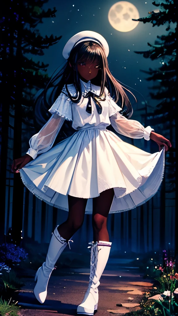 dark skin girl, white clothes, black make-up, puffy shirt, tulle skirt, fishnets, white boots, forest at night, moonlight