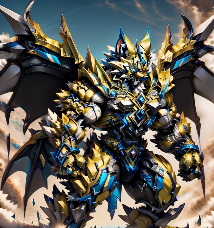 Zeraora's giant robot. (masterpiece, best quality, detailed:1.2) (Pokémon) Powered exoskeleton with the same design as Zeraora big muscle, GIANT, pecs, triceps, traps, waist narrow. bulge in the crotch,
body full of huge muscles.
showing off muscles, mechs, Correct limbs, detailed full body, Very muscular, Large pecs, Heavyweight, Bodybuilder figure, Wearing cyberpunk mecha, big bump, sparkling skin, Vibrant colors, 4K, realism, Don't stray too far from Zeraora's design, Furry Heroes, Main is yellow COLOR, have big wings.