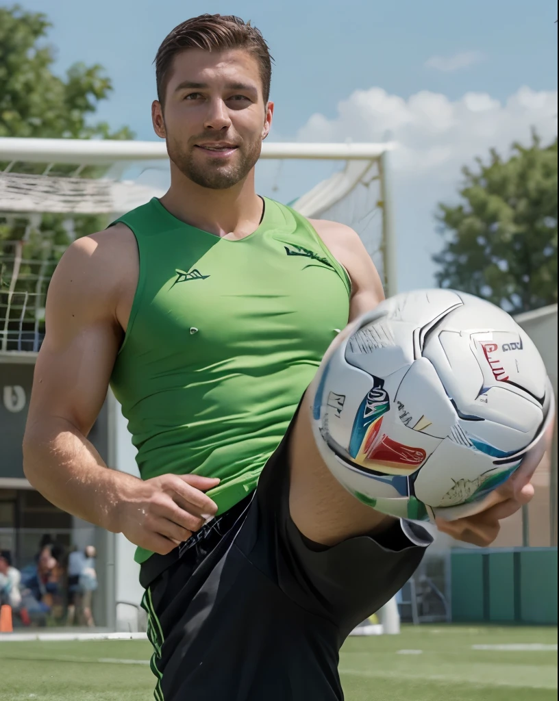 4k uhd picture of handsome 35 year old desirable caucasian man with distinguished features, ((kicking a soccer ball)), (muscle shirt & shorts), ((intriguing green eyes, no facial hair)), seductive smile with a gentle expression, perfectly symmetrical face, Athletic build, light brown medium length haircut with cropped sides, tall height. Outdoor lighting masterfully accentuates his excellent features, crisp details, ultra-fine rendering,