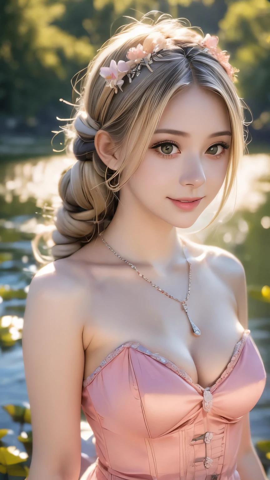 Superb Quality, Masterpiece, High Resolution, 1Girl, Blush, (Seductive Smile: 0.8), Star Pupil, , Hair Accessories, Necklace, Jewelry, Beauty, on_body, Tyndall Effect, Realism, Lotus Pond, Light Edge, Two-tone Lighting, (High Detail Skin: 1.2), 8K UHD, DSLR, Soft Light, High Quality, Volume Lighting, Candid Photo, High Resolution, 4K, 8K, Background Bokeh