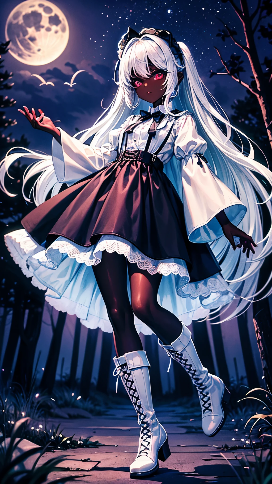 dark skin girl, white clothes, black make-up, long-sleeves puffy shirt, tulle skirt, white fishnets, white boots, forest at night, moonlight