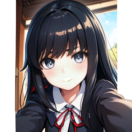 directly from front, upper body, laughing, closed mouth, best blue eyes, black pinafore dress, short red ribbon, black hair, straight hair, half long hair, blue eyes, best eyes, best face, anime nose, anime mouth, closed anime mouths, (masterpiece, best quality:1.4), (ultra-detailed:1.2), illustration, picturesque,