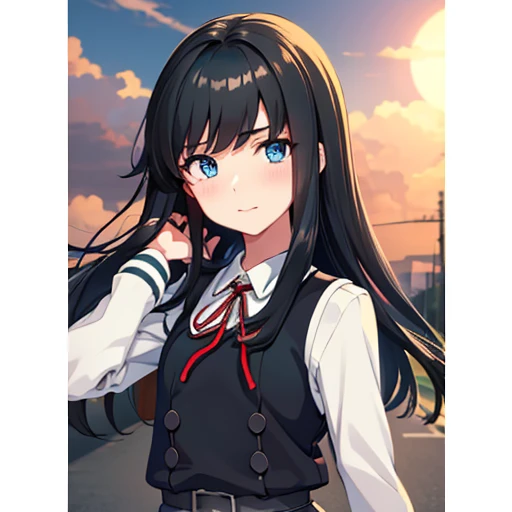 directly from front, upper body, laughing, closed mouth, best blue eyes, black pinafore dress, short red ribbon, black hair, straight hair, half long hair, blue eyes, best eyes, best face, anime nose, anime mouth, closed anime mouths, (masterpiece, best quality:1.4), (ultra-detailed:1.2), illustration, picturesque,