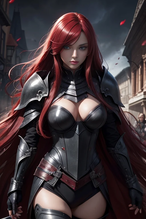 Black rose knight, rare, beast maiden, armor, beautiful girl, long red hair, Heterochromia, dark skin, town,