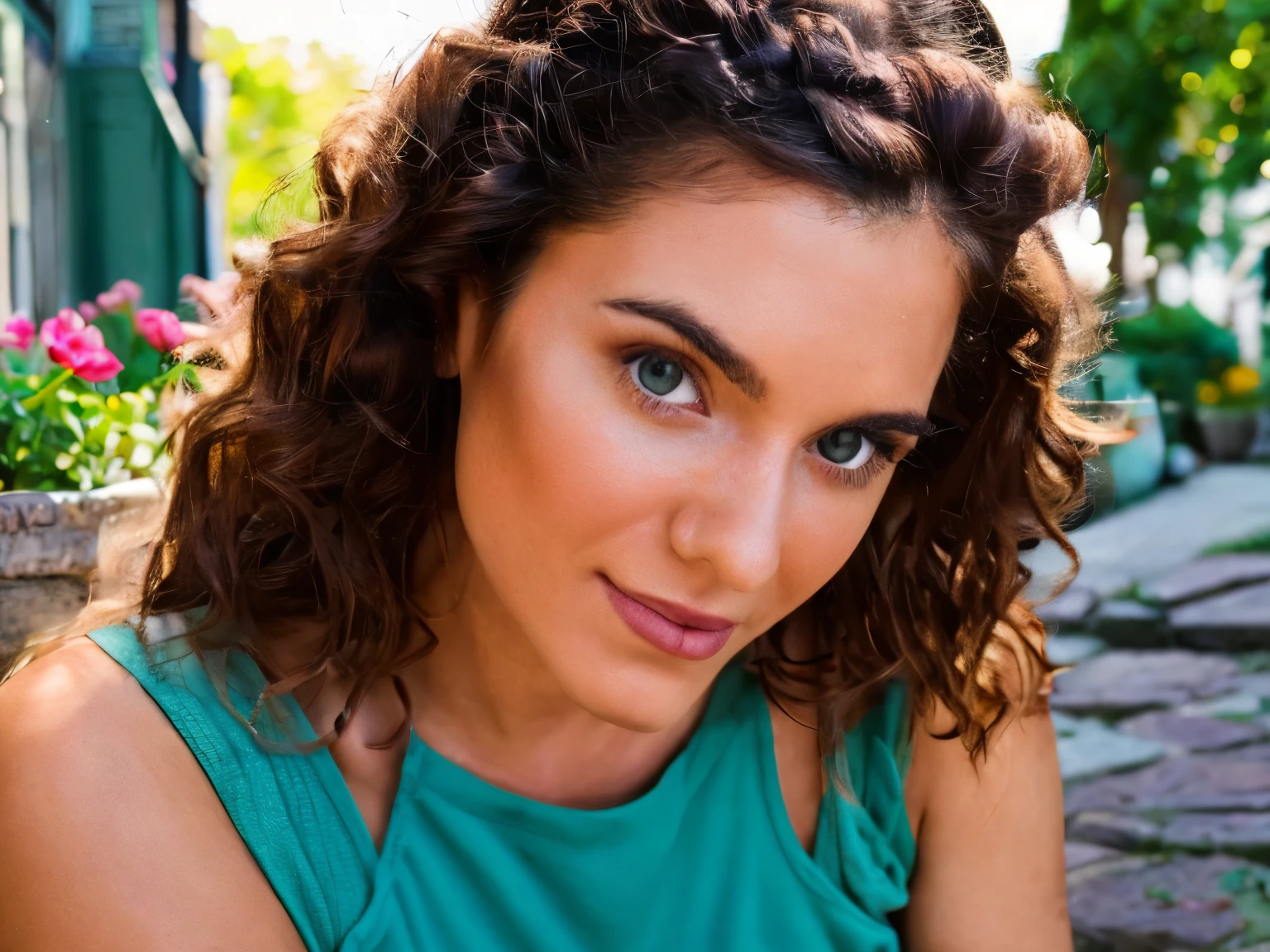 photorealistic portrait photo of an Attractive woman with a brown tank top and a faded blue jeans, comfort fit, (perfect face ), perfect face!!!, gorgeous attractive face, gorgeous Latina, she's sitting on a step outside her feet on the cobblestone street, ceramic potted succulents, plants and flowers line the area, lovely private nook, beautiful perfect Latina, relaxed and posing, beautiful facial features, perfect face and eyes, perfect face, perfect face!!, extremely beautiful face, looking at the camera, gorgeous face, perfect facial features, close-up perfect face, highly detailed, hazel eyes, some blush on her cheeks, medium length curly brown hair, photography: (best quality, masterpiece:1.2), UHD RAW, ,ultra high res, masterpiece, best quality, ultra-detailed, Detailed real face, highly detailed eyes,