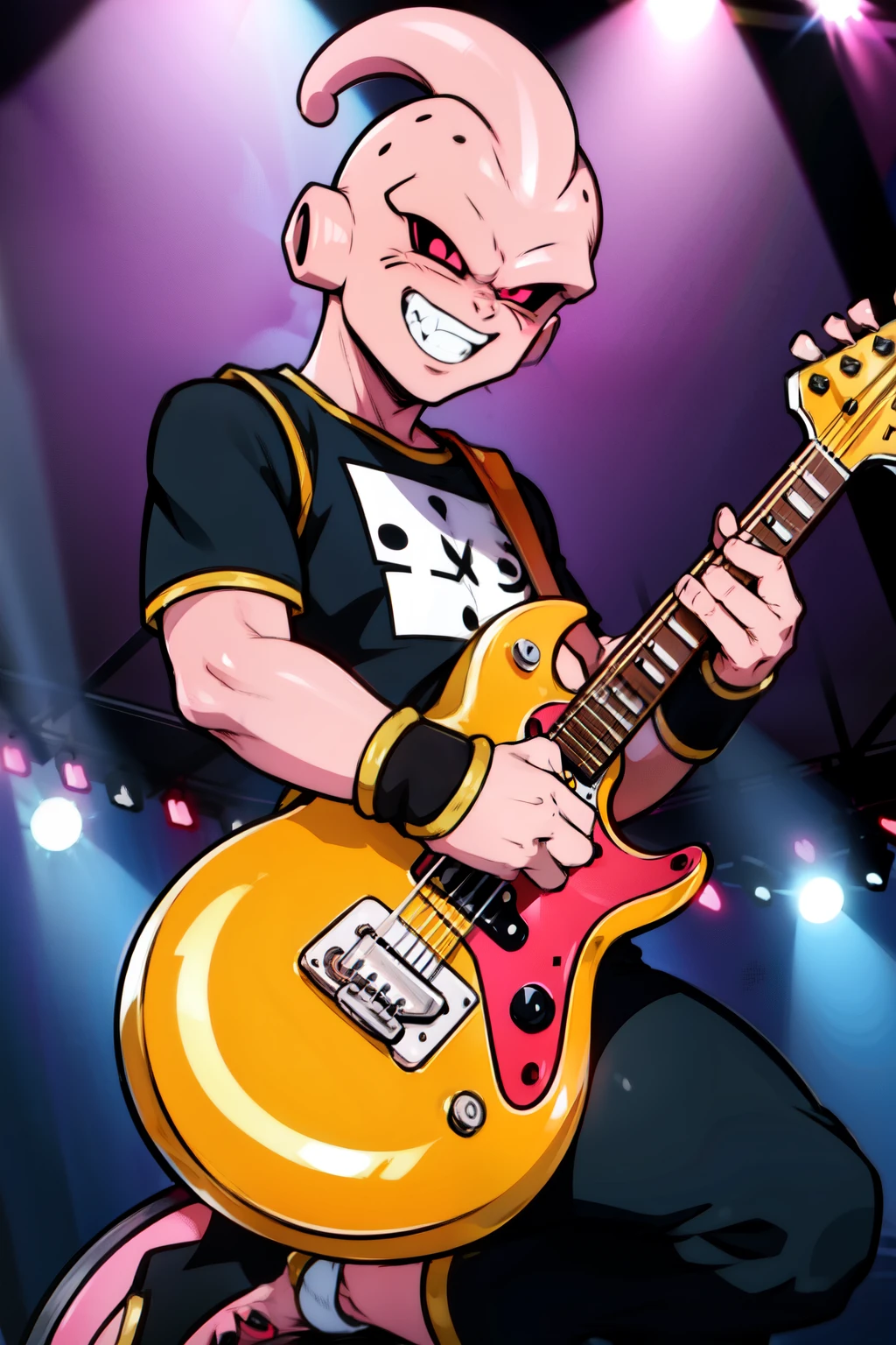 Buu wear black punk style clothes , playing energetic guitar,on the stage,smiling,detailed 