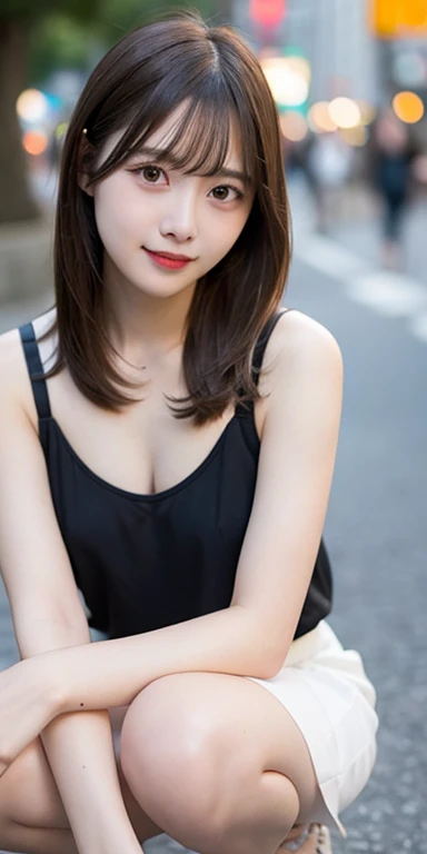 A girl wearing a black bra top and a white skirt, highest quality, figure, Very detailed, In detail, High resolution, 8k wallpaper, Perfect dynamic composition, Beautiful fine details, Natural color lip, Random sexy poses,smile,Aoyama Street Walk,20-year-old girl,No underwear,genital,pubic hair,A girl squatting with her legs apart