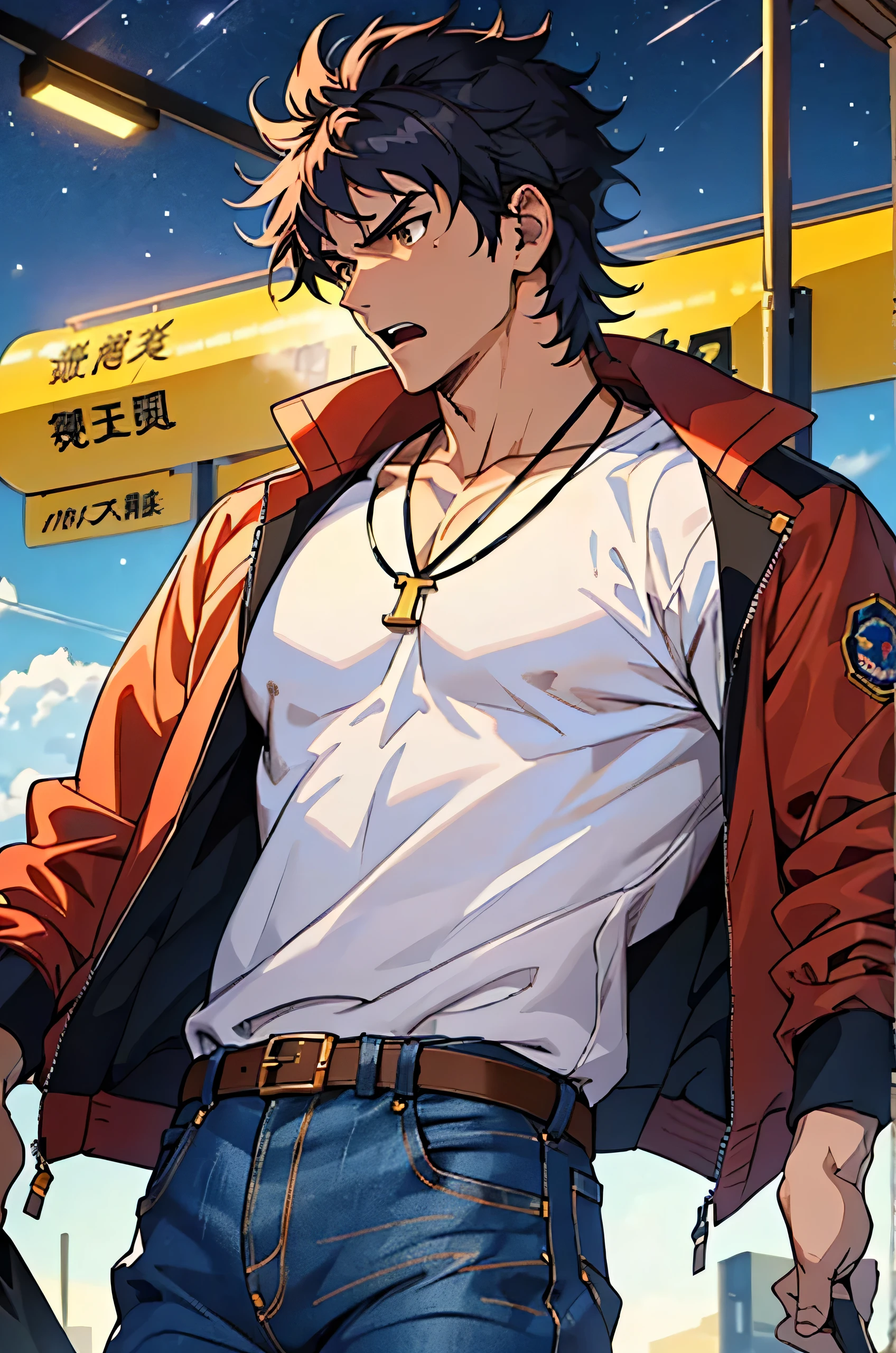 (masterpiece, highest quality, 16ｋAnime image quality, High resolution, Anime Style, Clean brush strokes, Very detailed, Perfect Anatomy), 1 person, alone,((kenshirou)), Detailed face, Fine grain, Black Hair, Brown eyes, bangs, Visible thick eyebrows、Angry face, Open your mouth、Visible Breath、Cowboy Shot,Metal Plate Necklace、Large pectoral muscles:1.6, (Jeans jacket＿Break:0.3、Navy blue、old、With metal shoulder guard), (The Big Dipper&#39;s Scar、Vertical、On the chest)、A magnificent cleavage of the pectoral muscles, Great abs: 1.6, Tight waist:1.6, Buttocks:1.5, (Jeans pants＿Break:0.3, Navy blue、old), Wearing old leather shoes、(Are standing、Finding Pose, Martial arts stance、Lift one leg),Looking at the audience,Background of a ruined city、Dilapidated road、Destroyed skyscrapers 、I can see the wilderness, alone, 