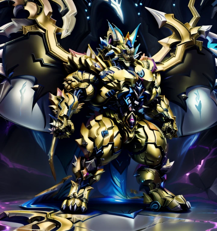 ZERAORA, (masterpiece, best quality, detailed:1.2) (Pokémon) Powered exoskeleton with the same design as Zeraora big muscle, GIANT, pecs, triceps, traps, waist narrow. bulge in the crotch, with huge golden laser sword, body full of huge muscles. also have a cloak on my back. The cloak is so long that it touches the ground, showing off muscles, mechs, Correct limbs, detailed full body, Very muscular, Large pecs, Heavyweight, Bodybuilder figure, Wearing cyberpunk mecha, big bump, sparkling skin, Vibrant colors, 4K, realism, Don't stray too far from Zeraora's design, Furry Heroes, Main is yellow COLOR, have big wings.