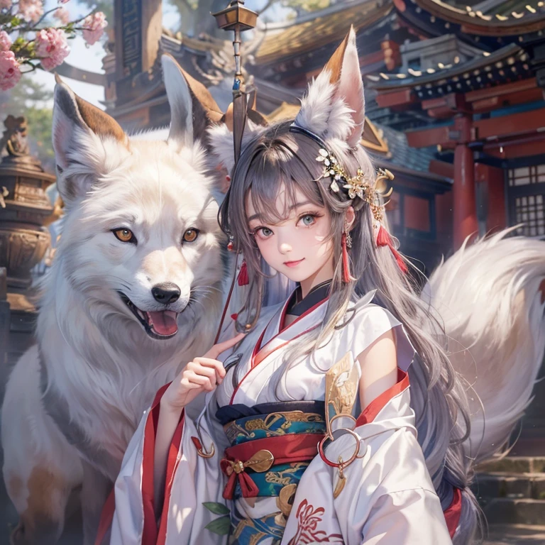 Hide in the ancient shrine、Hair flows、 ((highest quality、masterpiece、8k、best image quality、ultra high resolution、Award-winning work)、(accurate anatomy:1.1)、(look at me and smile:1.1)、Shining fair skin with ultra high resolution、most detailed face、ultra high resolution detailed face、ultra high resolutionの髪の毛、(ultra high resolutionの煌めく瞳:1.1)、Beautiful face drawn in every detail、(blurred background:1.1)、ancient shrine maiden clothes, chest together, tattoo、white fox aside