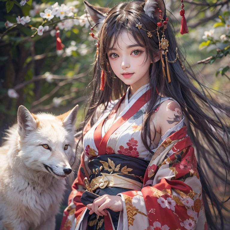 Hide in the ancient shrine、Hair flows、 ((highest quality、masterpiece、8k、best image quality、ultra high resolution、Award-winning work)、(accurate anatomy:1.1)、(look at me and smile:1.1)、Shining fair skin with ultra high resolution、most detailed face、ultra high resolution detailed face、ultra high resolutionの髪の毛、(ultra high resolutionの煌めく瞳:1.1)、Beautiful face drawn in every detail、(blurred background:1.1)、ancient shrine maiden clothes, chest together, tattoo、white fox aside