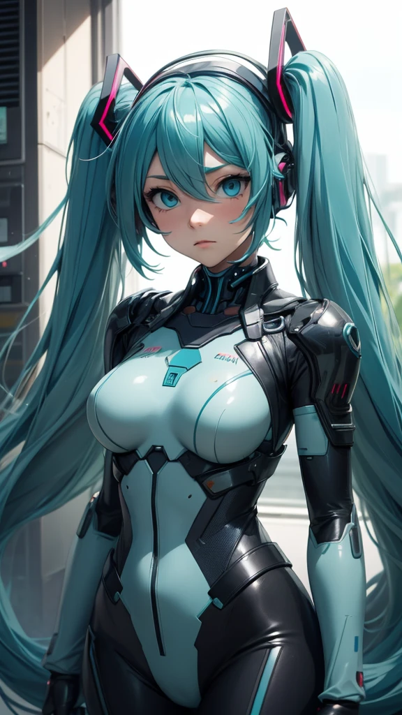 Hatsune Miku Vocaloid, Twin Tails, Light Blue Eyes, Light Blue Hair, Bodysuit, Cyber punk, Ultimate Physical Beauty, Beautiful Eyes, big breasts, embarrassed look , Bigchest, 8K CG, Top Quality, Best Image Quality,