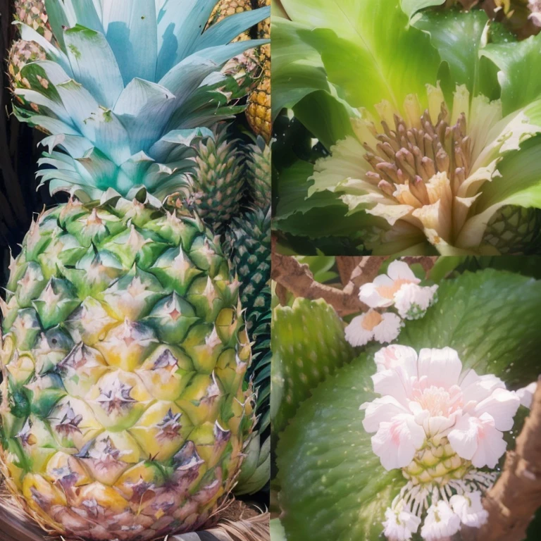 Hay muchos tipos diferentes de frutas que se exhiben., Pineapples, flowering Pineapples, piña, fruta tropical, pupilas verdes, abollado, Esporas de hongos blancos en todas partes, comiendo fruta podrida, Description, illustration, rizomusa, Samson's Pollen, crecimientos, infestado de tono verde, enfermedad, jugo mohoso, por Daniel Lieske