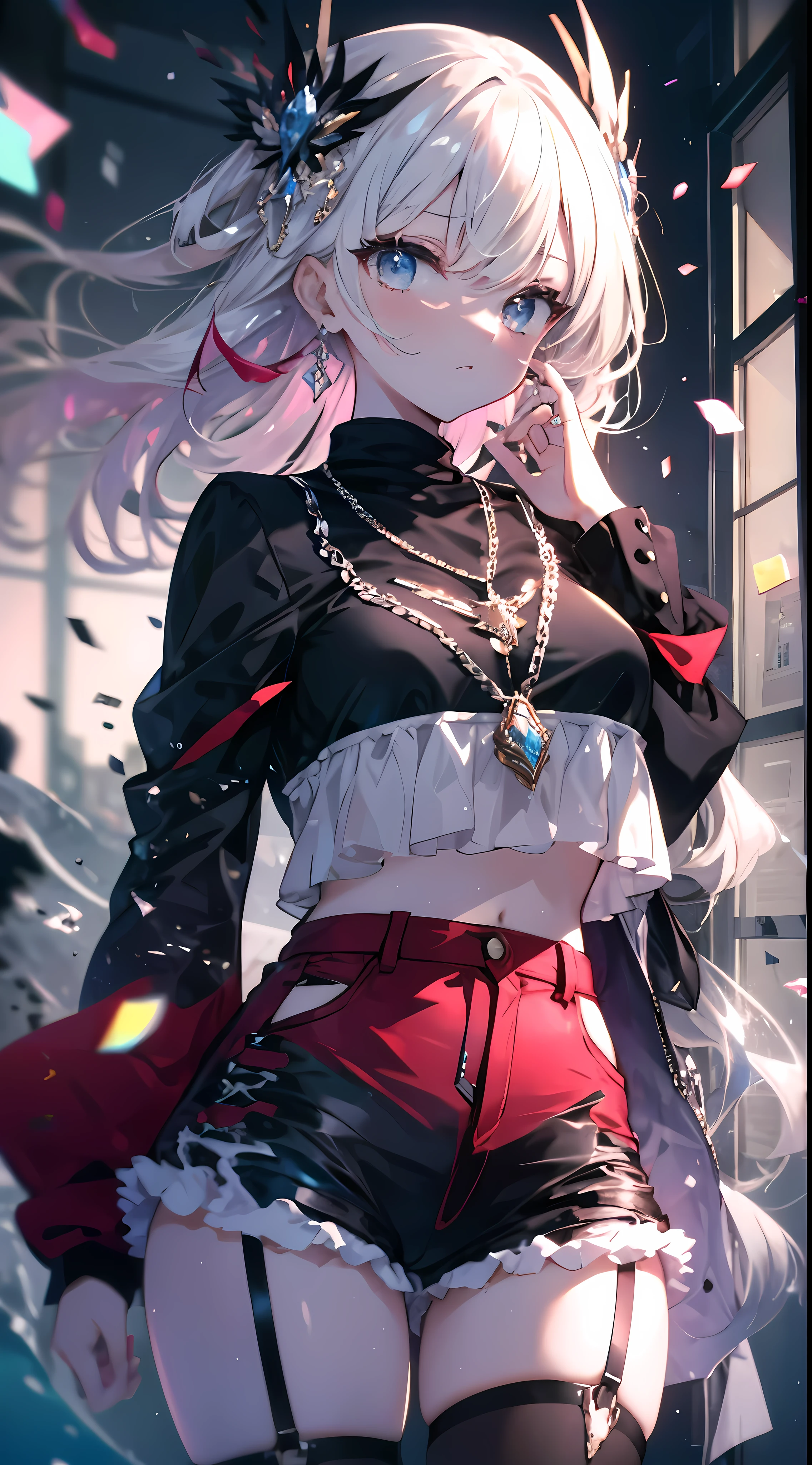 masterpiece,best quality,official art,Extremely detailed CG Unity 8K wallpaper, 2 girls, cute female , Yuri, Hair accessories, shorts, crop top, Pantyhose, ribbon_Necklace, Leg strap,