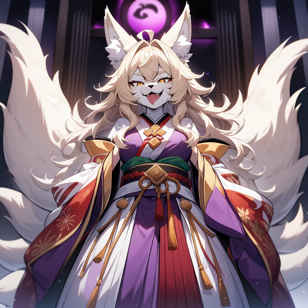 (masterpiece),(best quality),(ultra-detailed),(illustration,official art),1girl,(furry:1.3),nine tailed fox,30yo,curvy,blonde fox ears,(platinum blonde fox ears),wavy hair,hair fluttering in the air,platinum blonde hair,beautiful face,(messy hair),(disheveled hair),hair intakes,(loose-fitting twelve-layered ceremonial kimono),smirk,evil grin,laughing,looking down,standing,Dark Altar,japan,(beautiful detailed golden eyes),A purple aura oozes from body,open mouth,long tongue