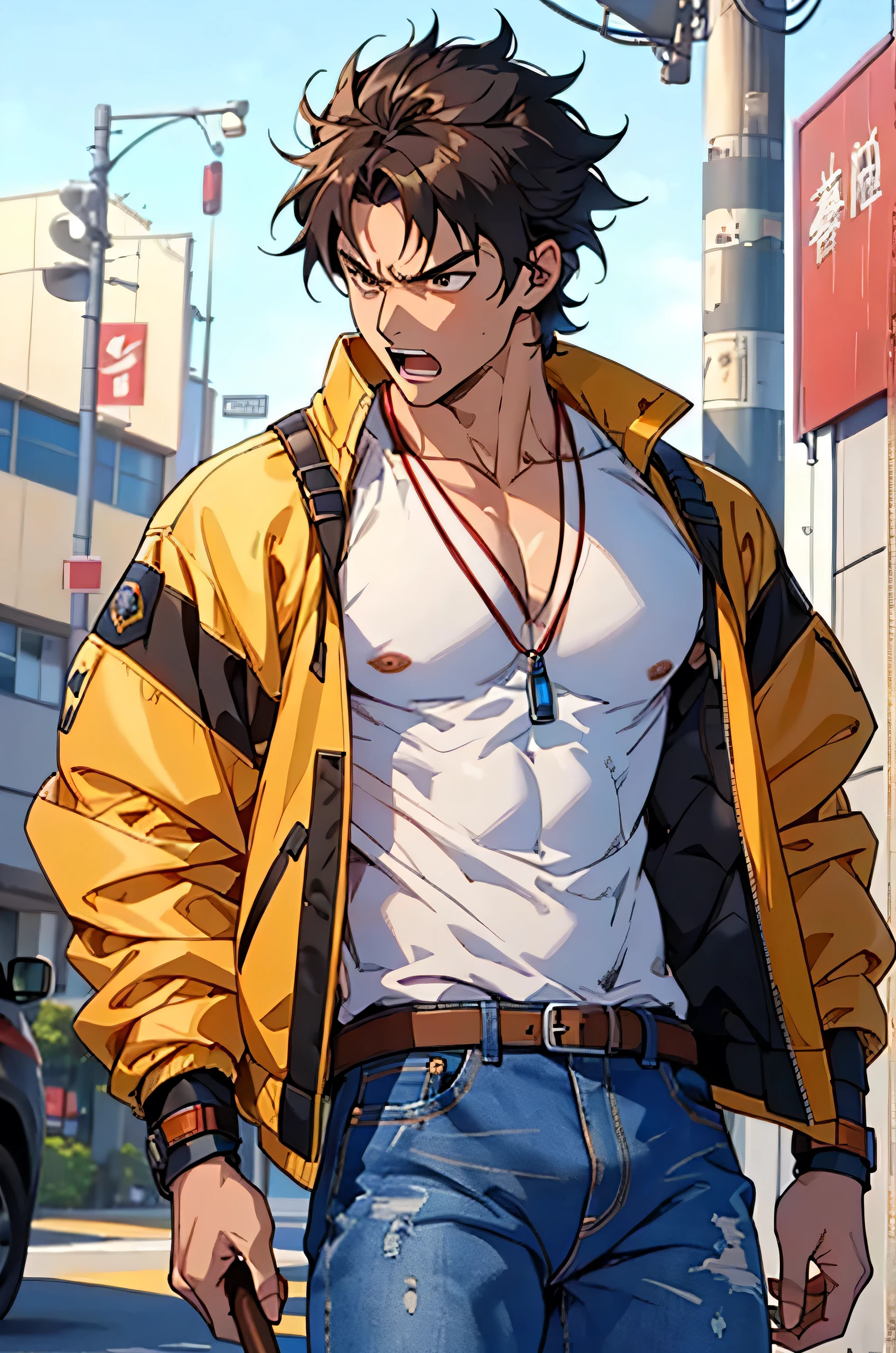 (masterpiece, highest quality, 16ｋAnime image quality, High resolution, Anime Style, Clean brush strokes, Very detailed, Perfect Anatomy), 1 person, alone,((kenshirou)), Detailed face, Fine grain, Black Hair, Brown eyes, bangs, Visible thick eyebrows、Angry face, Open your mouth、take a breath、Cowboy Shot, Large pectoral muscles:1.6, (Jeans jacket＿Break:0.3、Navy blue、old、With metal shoulder guard), (The Big Dipper&#39;s Scar、Vertical、On the chest)、A magnificent cleavage of the pectoral muscles, Great abs: 1.6, Tight waist:1.6, Buttocks:1.5, (Jeans pants＿Break:0.3, Navy blue、old), Wearing old leather shoes、(Are standing、Finding Pose, Martial arts stance、Lift one leg),Looking at the audience,Background of a ruined city、Dilapidated road、Destroyed skyscrapers 、I can see the wilderness, alone, 