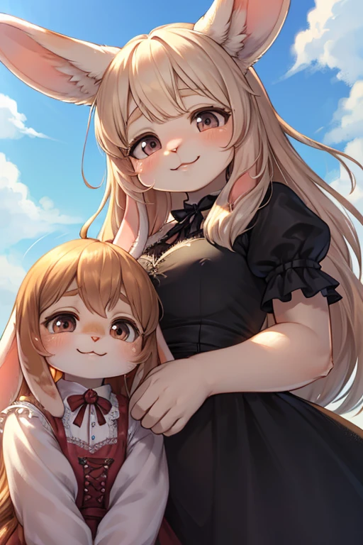hairy Holland Lop mom , (realistic hairy rabbit skin:1.3) , round face , (tilt face:1.1) , (half-open eyes:1.5) , moist round eyes , Swollen cheeks , long hair , Maternal smile , glossy lips , gothic summer dress ,world of Alice in Wonderland , Hair fluttering in the wind , gesture are elegant , dynamic angle