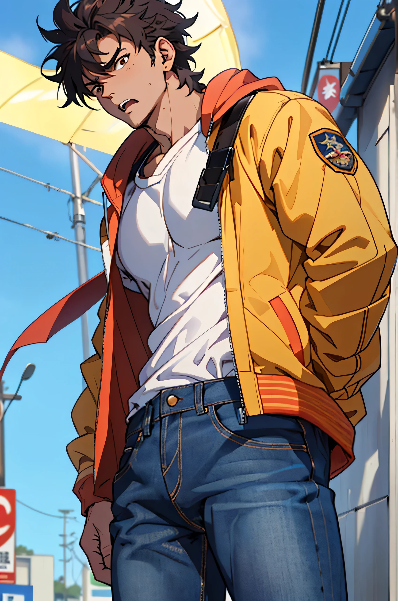 (masterpiece, highest quality, 16ｋAnime image quality, High resolution, Anime Style, Clean brush strokes, Very detailed, Perfect Anatomy), 1 person, alone,((kenshirou)), Detailed face, Fine grain, Black Hair, Brown eyes, bangs, Visible thick eyebrows、Angry face, Open your mouth、take a breath、Cowboy Shot, Large pectoral muscles:1.6, (Jeans jacket＿Break:0.3、Navy blue、old、With metal shoulder guard), (The Big Dipper&#39;s Scar、Vertical、On the chest)、A magnificent cleavage of the pectoral muscles, Great abs: 1.6, Tight waist:1.6, Buttocks:1.5, (Jeans pants＿Break:0.3, Navy blue、old), Wearing old leather shoes、(Are standing、Finding Pose, Martial arts stance、Lift one leg),Looking at the audience,Background of a ruined city、Dilapidated road、Destroyed skyscrapers 、I can see the wilderness, alone, 