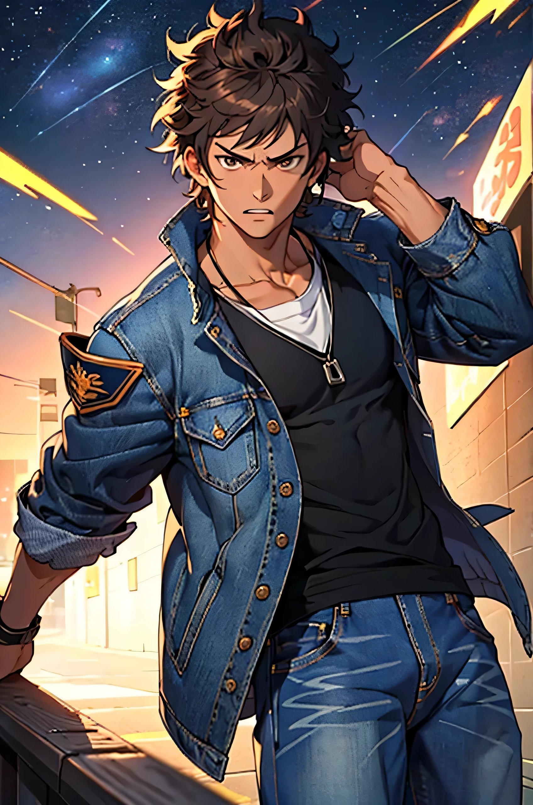 (masterpiece, highest quality, 16ｋAnime image quality, High resolution, Anime Style, Clean brush strokes, Very detailed, Perfect Anatomy), 1 person, alone,((kenshirou)), Detailed face, Fine grain, Black Hair, Brown eyes, bangs, Visible thick eyebrows、Open your mouth、Angry face, Cowboy Shot, Large pectoral muscles:1.6, (Jeans jacket＿Break:0.3、Navy blue、old、With metal shoulder guard), (The Big Dipper&#39;s Scar、Vertical、On the chest)、A magnificent cleavage of the pectoral muscles, Great abs: 1.6, Tight waist:1.6, Buttocks:1.5, Amazing muscular legs、(Jeans pants＿Break:0.3, Navy blue、old), Wearing old leather shoes、(Are standing、Ready for battle、Lift one leg),Looking at the audience,Desolate wilderness background, alone, 