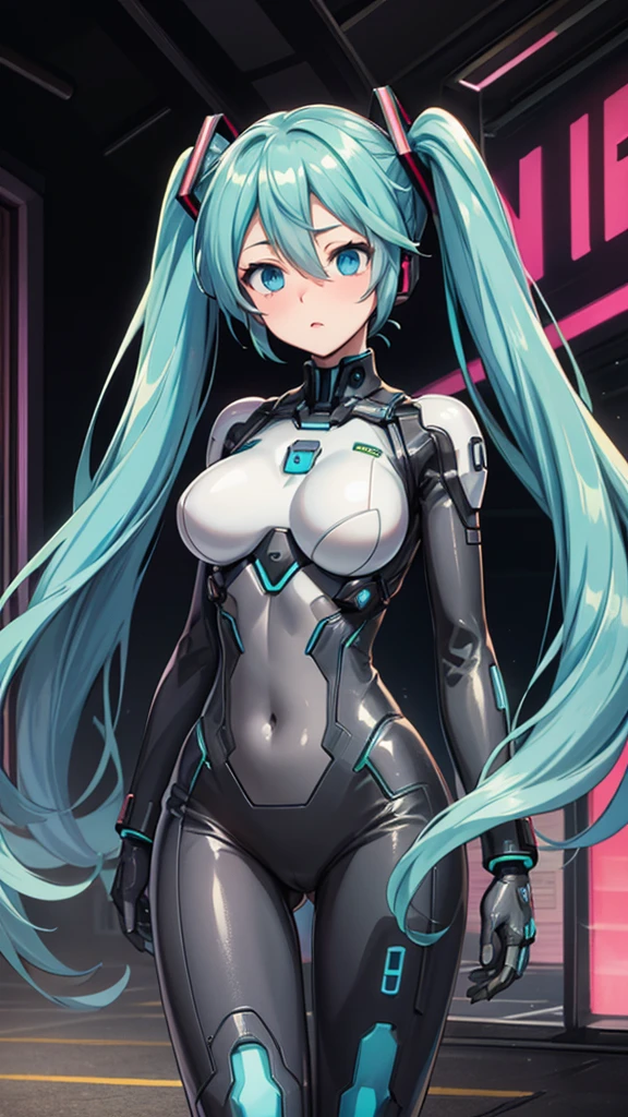 Hatsune Miku Vocaloid, Twin Tails, Light Blue Eyes, Light Blue Hair, Bodysuit, Cyber punk, Ultimate Physical Beauty, Beautiful Eyes, big breasts, embarrassed look , Bigchest, 8K CG, Top Quality, Best Image Quality,