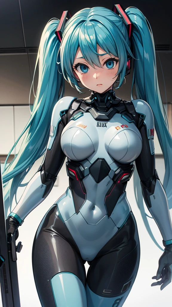 Hatsune Miku Vocaloid, Twin Tails, Light Blue Eyes, Light Blue Hair, Bodysuit, Cyber punk, Ultimate Physical Beauty, Beautiful Eyes, big breasts, embarrassed look , Bigchest, 8K CG, Top Quality, Best Image Quality,