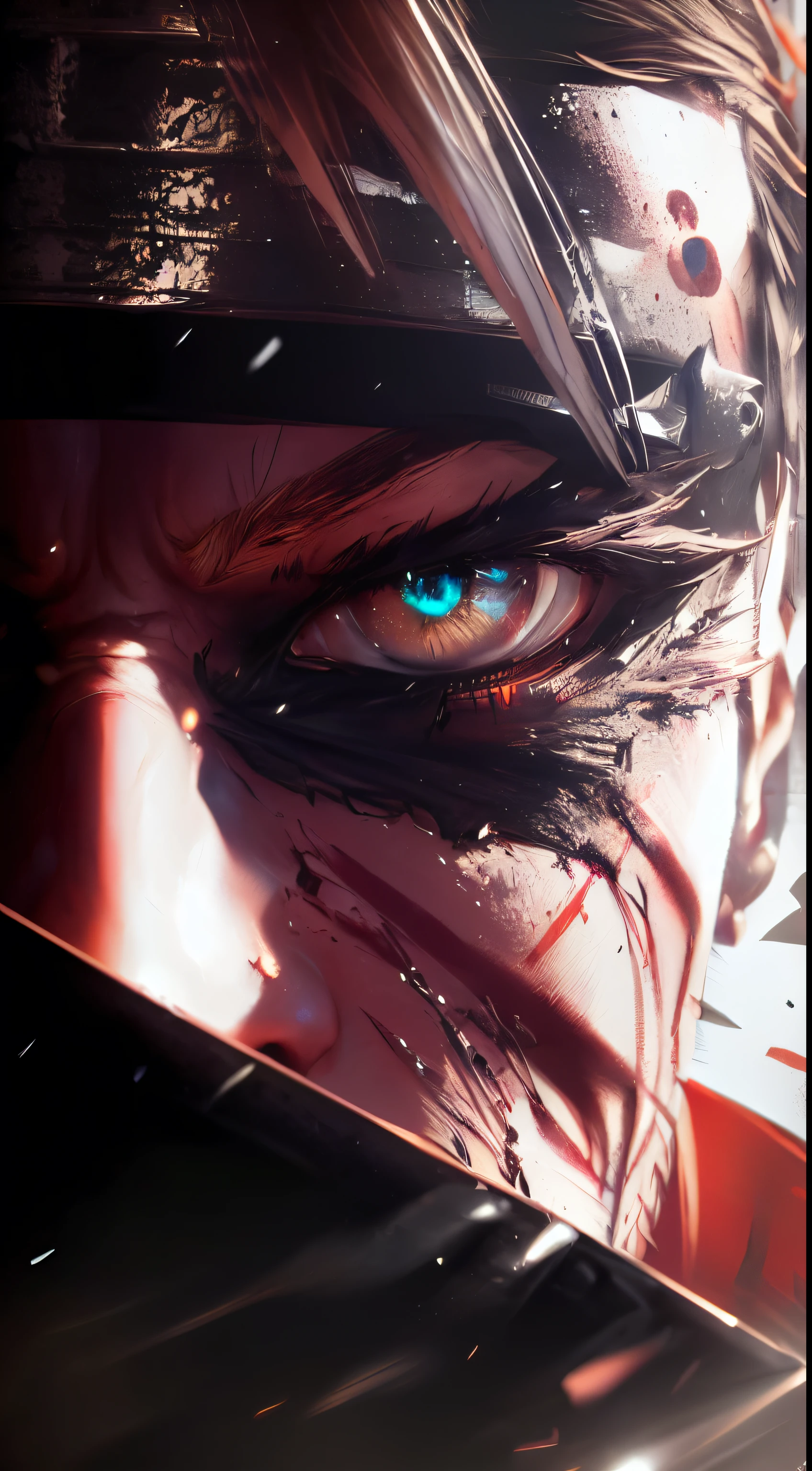 anime character with a knife in his hand and a bloody face, sekiro, 4k concept art and hyper realism, badass anime 8 k, shinobi, joker looks like naruto, snk, joker as naruto, ultra realistic concept art, akihiko yoshida. unreal engine, inspired by Kanō Hōgai, tekken 7, trending on artstationhq (GREEN EYES)