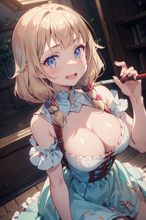 (Masterpiece: 1.2), Best Quality, (Illustration: 1.2), Eye Focus, (Ultra Detailed), Ultra Detail, (Fine Detail), (Intricate Detail), (Cinematic Light, Best Quality Backlight), Clear Lines, Solo Female, Solo Female, Perfect Figure, (1 Girl), High Contrast, (Best Lighting, Extremely Delicate and Beautiful), ((Cinematic Light)), Powerful, Absolutely Striking, Dynamic Angle, Gorgeous Background, cute Teeth, Open Mouth, mischievous smile, close-up, depth of field, close-up of a long-haired character. A cute tongue sticks out of the mouth, long hair, big breasts, short sleeves, dress, bare shoulders, braids, porcelain clothes, having an icecream