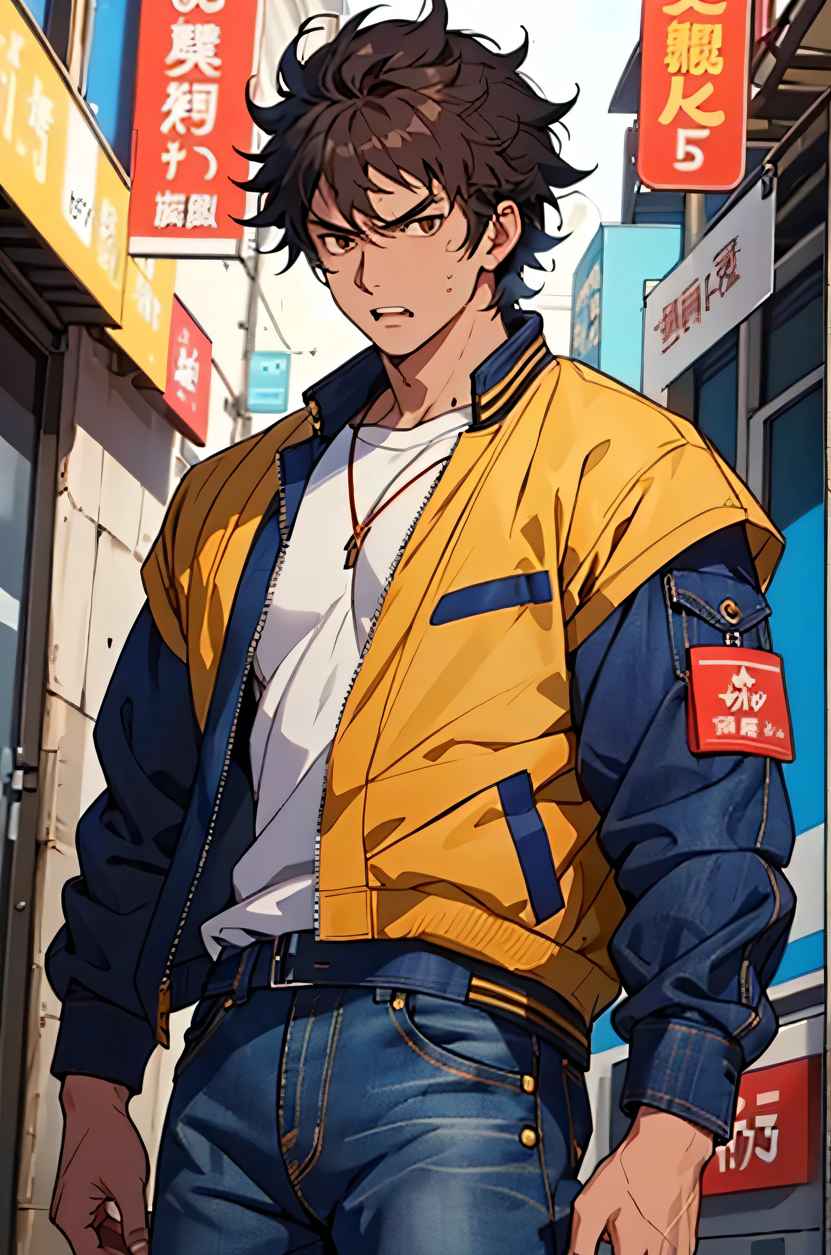 (masterpiece, highest quality, 16ｋAnime image quality, High resolution, Anime Style, Clean brush strokes, Very detailed, Perfect Anatomy), 1 person, alone,((kenshirou)), Detailed face, Fine grain, Black Hair, Brown eyes, bangs, Visible thick eyebrows、Open your mouth、Angry face, Cowboy Shot, Large pectoral muscles:1.6, (Jeans jacket＿Break:0.3、Navy blue、old、With metal shoulder guard), (The Big Dipper&#39;s Scar、Vertical、On the chest)、A magnificent cleavage of the pectoral muscles, Great abs: 1.6, Tight waist:1.6, Buttocks:1.5, Amazing muscular legs、(Jeans pants＿Break:0.3, Navy blue、old), Old leather shoes、(Are standing、Ready for battle、Lift one leg),Looking at the audience,Desolate wilderness background, alone, 