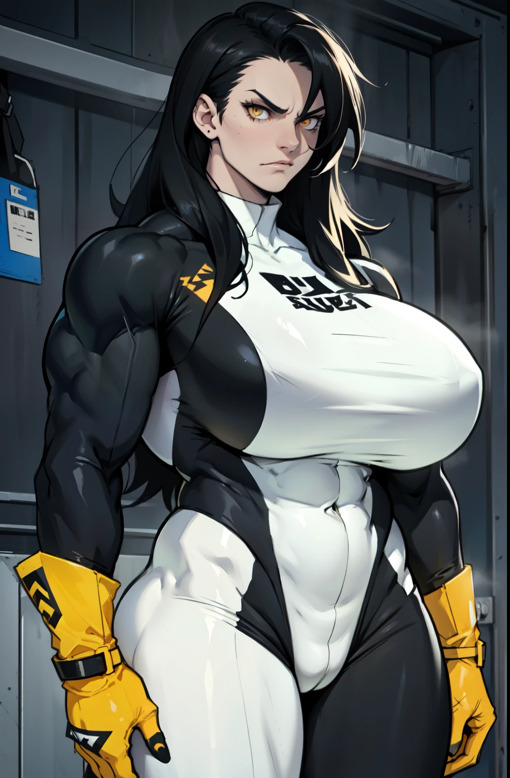 pale skin solo 1 girl black hair yellow eyes angry very long hair dark atmosphere ((huge breasts bodybuilder toned body muscular)) white skinsuit