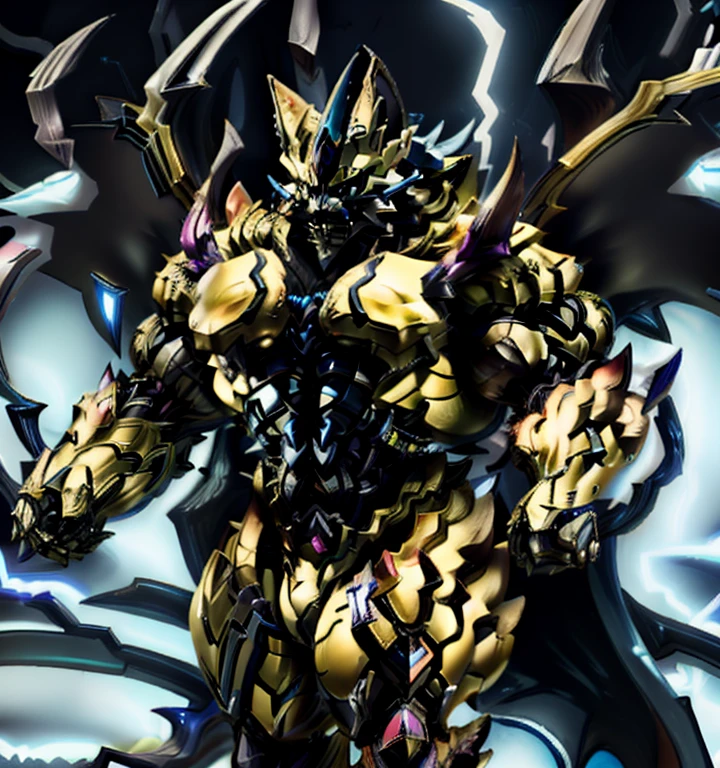 ZERAORA, (masterpiece, best quality, detailed:1.2) (Pokémon)  Powered exoskeleton with the same design as Zeraora big muscle, GIANT, pecs, triceps, traps, waist narrow. bulge in the crotch,  with huge golden laser sword, body full of huge muscles. also have a cloak on my back. The cloak is so long that it touches the ground, showing off muscles, mechs, Correct limbs, detailed full body, Very muscular, Large pecs, Heavyweight, Bodybuilder figure, Wearing cyberpunk mecha, big bump, sparkling skin, Vibrant colors, 4K, realism, Don't stray too far from Zeraora's design, Furry Heroes, Main is yellow COLOR, have big wings.