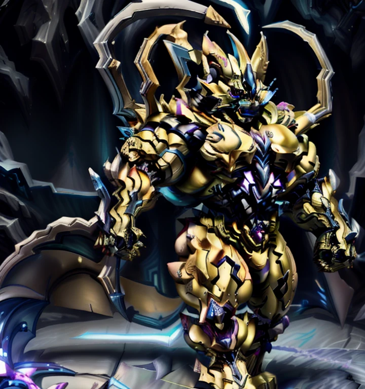 ZERAORA, (masterpiece, best quality, detailed:1.2) (Pokémon)  Powered exoskeleton with the same design as Zeraora big muscle, GIANT, pecs, triceps, traps, waist narrow. bulge in the crotch,  with huge golden laser sword, body full of huge muscles. also have a cloak on my back. The cloak is so long that it touches the ground, showing off muscles, mechs, Correct limbs, detailed full body, Very muscular, Large pecs, Heavyweight, Bodybuilder figure, Wearing cyberpunk mecha, big bump, sparkling skin, Vibrant colors, 4K, realism, Don't stray too far from Zeraora's design, Furry Heroes, Main is yellow COLOR, have big wings.