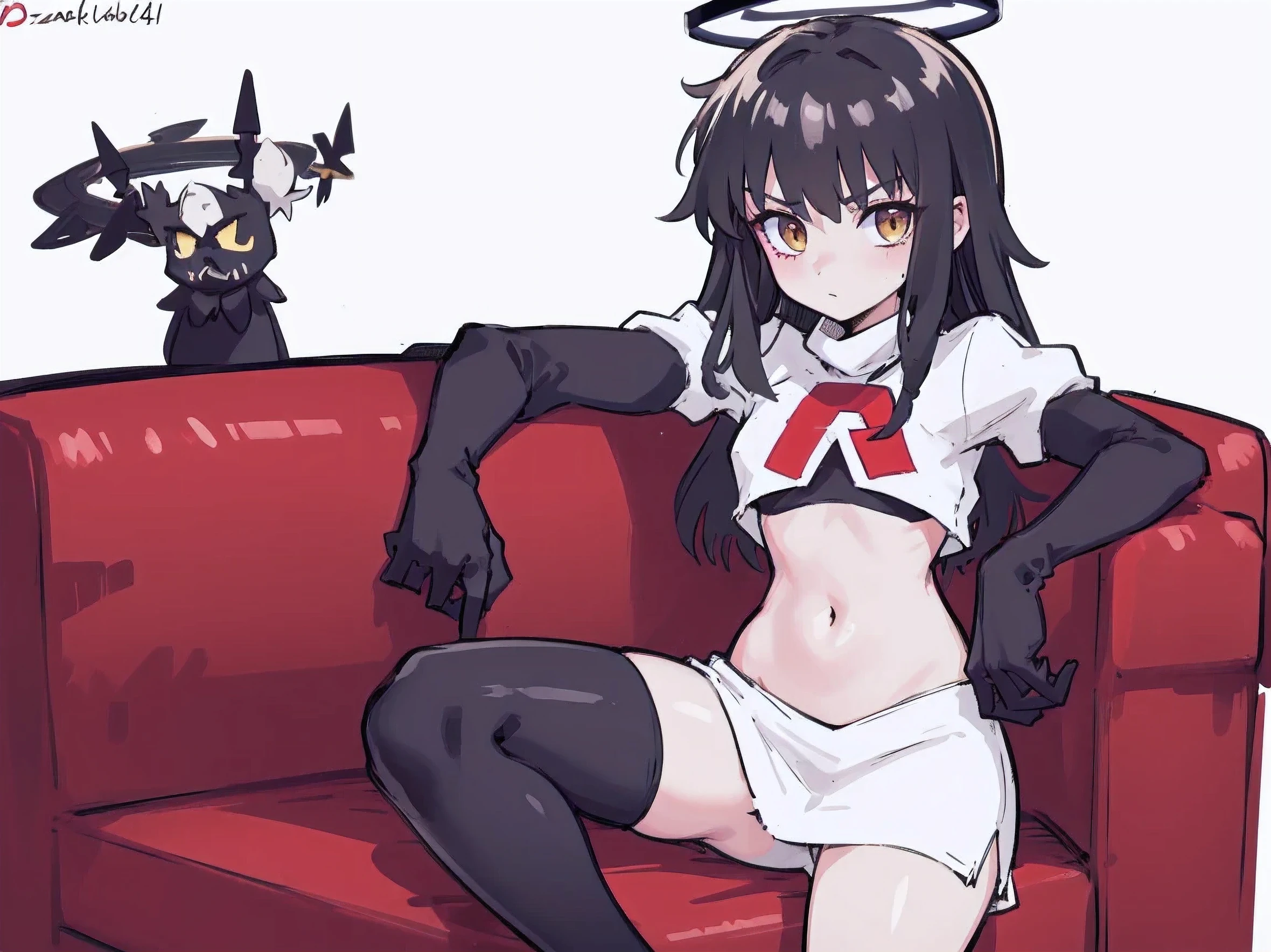 Masterpiece, 4k, best quality, prime, 1girl ,azazel with halo and yellow eyes, black hair, team rocket uniform, black croped jacket, white skirt, red X, top cut, black socks, black elbow gloves, strip, Gothic