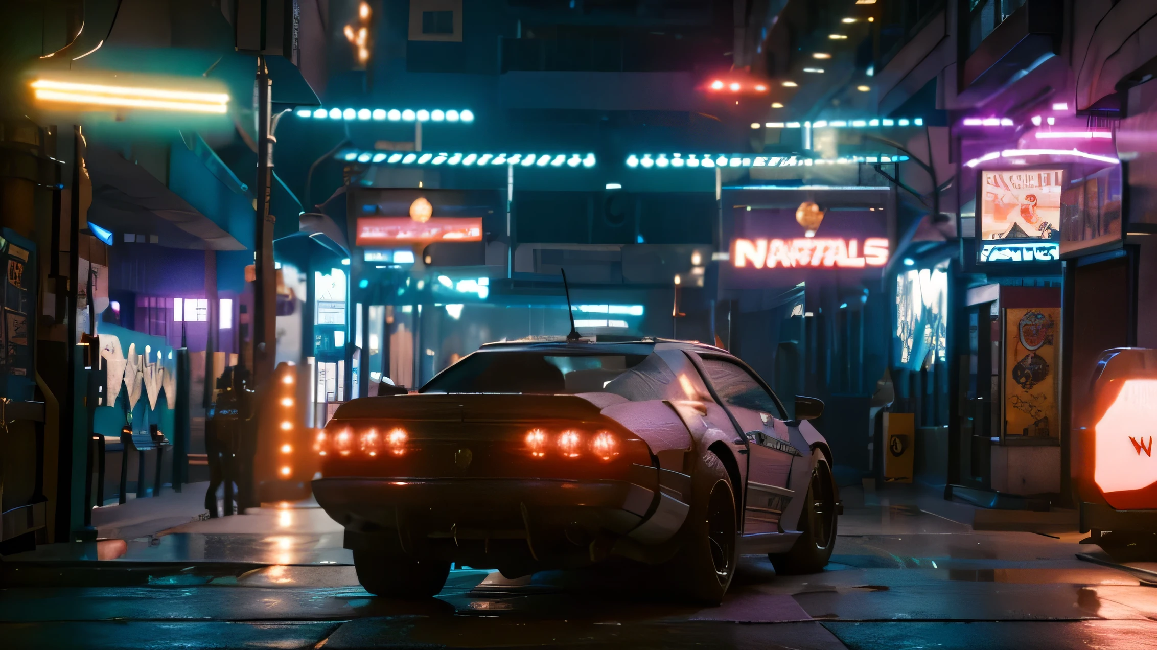 ciudad cyberpunk con innumerables rascacielos cubiertos por mucho neon, lluvia imparable y carros voladores