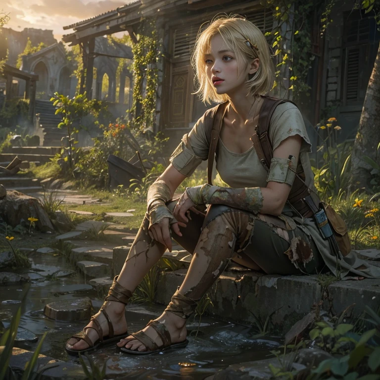 (masterpiece, best quality, 1 girl, solo) Amid the ruins of a zombie apocalypse, a beautiful american golden blonde age survivor, ( half body shot, many freckles on face, slim skinny body, short messy sidecut hair, hazel-greenish eyes), weary yet unbowed, discovers a secret sanctuary village, a beacon of hope in a world ravaged by despair. Her journey, fraught with danger and loss, leads her to this hidden haven, where the promise of safety and a new beginning awaits. Surrounded by nature's resurgence, the sanctuary stands as a lush oasis amidst desolation, its very existence a testament to resilience and the enduring spirit of humanity. As she crosses the threshold, her relief is palpable, her face alight with the dawning realization that even in the darkest times, hope can find a way to flourish. This moment captures the essence of hope's triumph over adversity, a poignant reminder that in the fight for survival, the human spirit remains unconquerable, 16K, ultra high res.photorealistic, UHD, RAW, a sanctuary village in the background