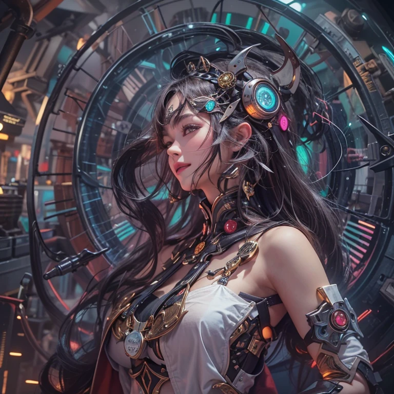 Ride a Time Machine 、Hair flows、 ((highest quality、masterpiece、8k、best image quality、ultra high resolution、Award-winning work)、(accurate anatomy:1.1)、(look at me and smile:1.1)、Shining fair skin with ultra high resolution、most detailed face、ultra high resolution detailed face、ultra high resolutionの髪の毛、(ultra high resolutionの煌めく瞳:1.1)、Beautiful face drawn in every detail、cyberpunk clothes, chest together, a large clock floating