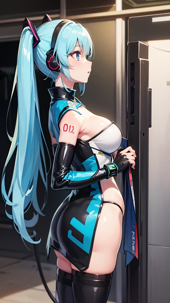 {{{{{masterpiece, best quality, official art, 8k, high resolution illustration}}}}}, hatune miku VOCALOID, twin tails, light blue eyes, light blue hair, big breasts, Generate an image of a cute "2d japanese hand drawn anime style" girl in a smooth curve, matte black bodysuit inspired by a futuristic stealth bomber. She has accessories which include unique plane tail-ear headphones. The United States Air Force logo is visible on her outfit. she is standing on a runway in a military airport her gaze is angled about 30 degrees to the side