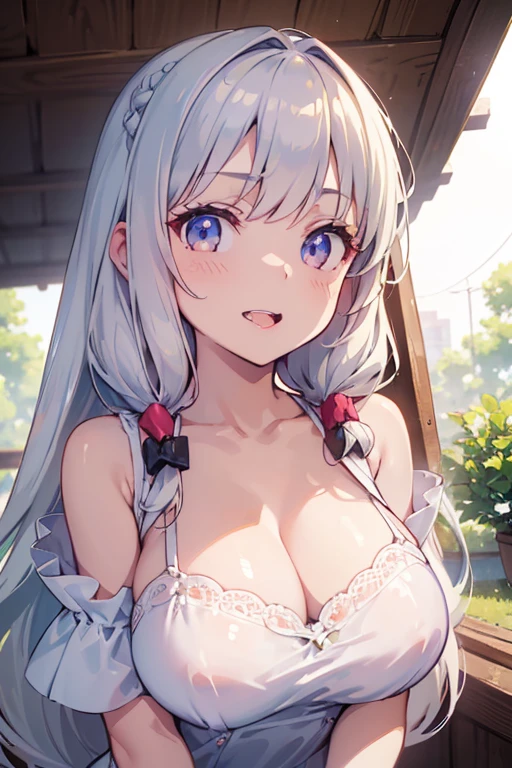 (Masterpiece: 1.2), Best Quality, (Illustration: 1.2), Eye Focus, (Ultra Detailed), Ultra Detail, (Fine Detail), (Intricate Detail), (Cinematic Light, Best Quality Backlight), Clear Lines, Solo Female, Solo Female, Perfect Figure, (1 Girl), High Contrast, (Best Lighting, Extremely Delicate and Beautiful), ((Cinematic Light)), Powerful, Absolutely Striking, Dynamic Angle, Gorgeous Background, cute Teeth, Open Mouth, mischievous smile, close-up, depth of field, close-up of a long-haired character. A cute tongue sticks out of the mouth, long hair, big breasts, short sleeves, dress, bare shoulders, braids, porcelain clothes, having an icecream
