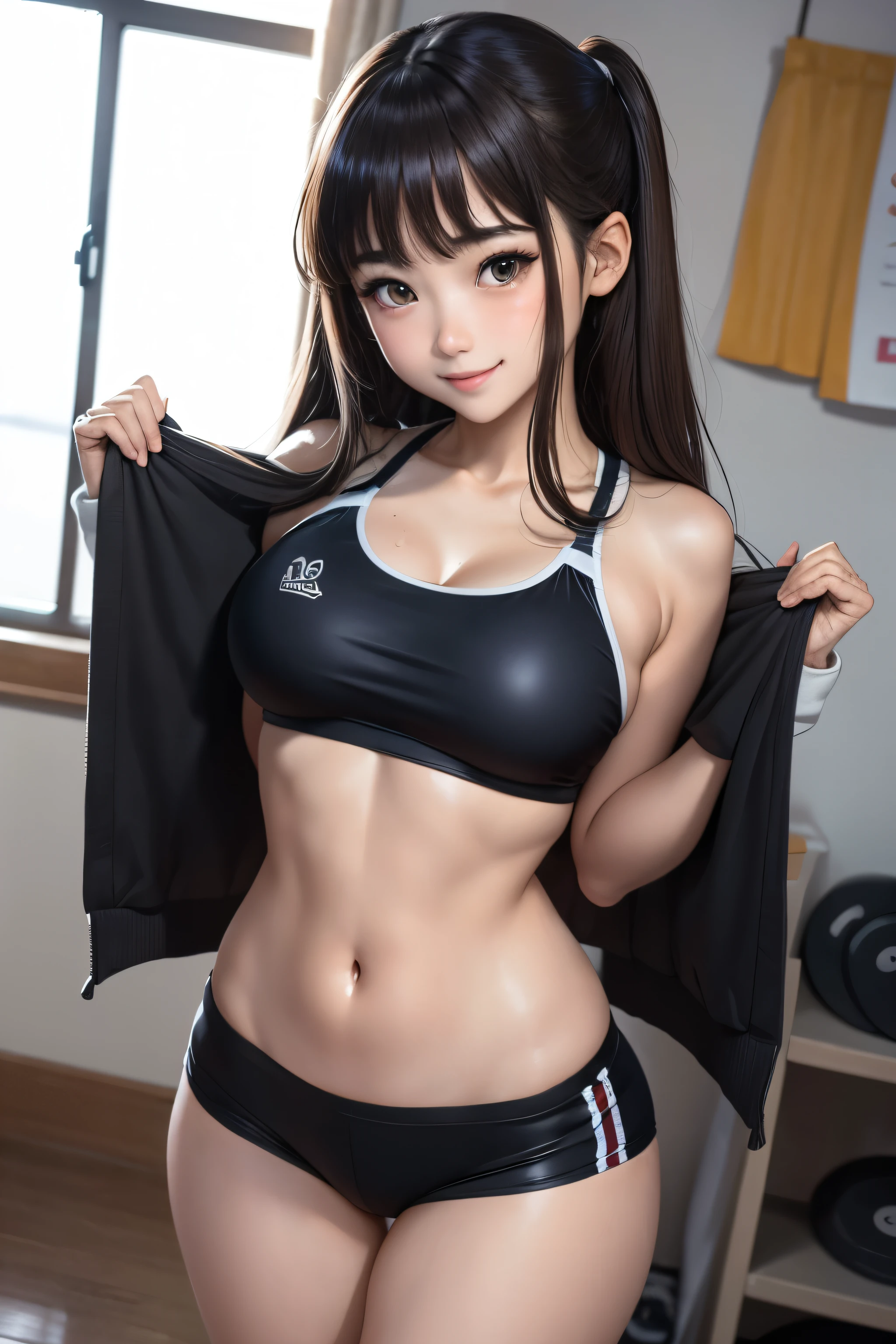 masterpiece, Ultra-fine Illustration, highest quality, Particles of light, Very detailed, 8k wallpaper, (Bright colors:1.2),  22 years old,  Shiny skin, smile, A captivating smile,  The top is a white gym suit、Black Bloomers、high school girl、Gym suit、Shorts、Super cute、Extremely beautiful、The figure is a little slim、Knee-high socks、Thigh-high socks、Red sneakers、Brown Hair、chest size small、Sweating profusely all over the body、A lot of sweat and light on the thighs、Shiny thighs、Plenty of sweat glistening on the thighs、A large amount of sweat glistens on my thighs、Sweating profusely、Alluring expression、Background behind the gymnasium、Slender body、Are standing、