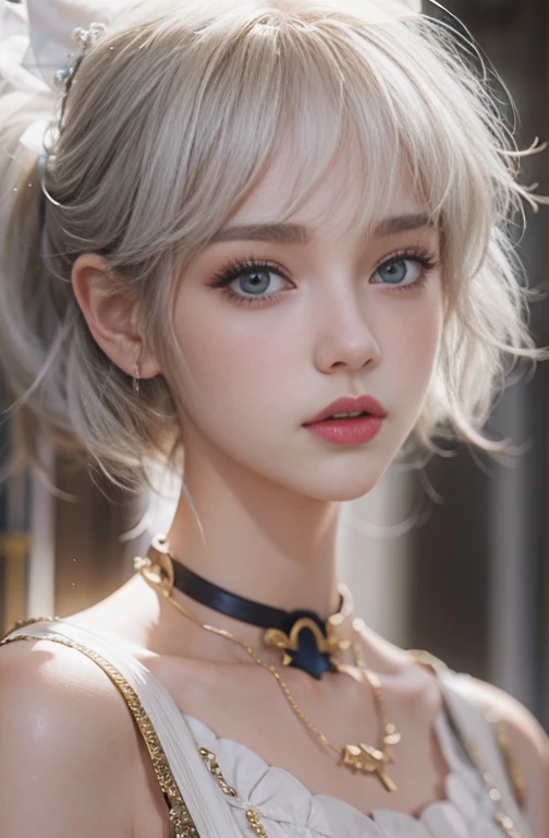 18 years old, Close up portrait of woman in Ancient Greek clothing、Shoulder out、thin、Serious expression、Short-haired、Deadly position, gorgeous necklace, light milky white porcelain skin, smooth translucent white skin, A seductive anime girl, beautiful and seductive anime woman, ultrarealistic sweet bunny girl, pale porcelain white skin, Smooth and realistic perfect body, Anime girl cosplay, realistic shadow perfect body, guweiz masterpiece