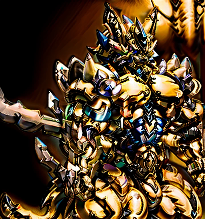 ZERAORA, (masterpiece, best quality, detailed:1.2) (Pokémon)  Powered exoskeleton with the same design as Zeraora big muscle, GIANT, pecs, triceps, traps, waist narrow. bulge in the crotch,  with huge golden laser sword, body full of huge muscles. also have a cloak on my back. The cloak is so long that it touches the ground, showing off muscles, mechs, Correct limbs, detailed full body, Very muscular, Large pecs, Heavyweight, Bodybuilder figure, Wearing cyberpunk mecha, big bump, sparkling skin, Vibrant colors, 4K, realism, Don't stray too far from Zeraora's design, Furry Heroes, Main is yellow COLOR, have big wings.