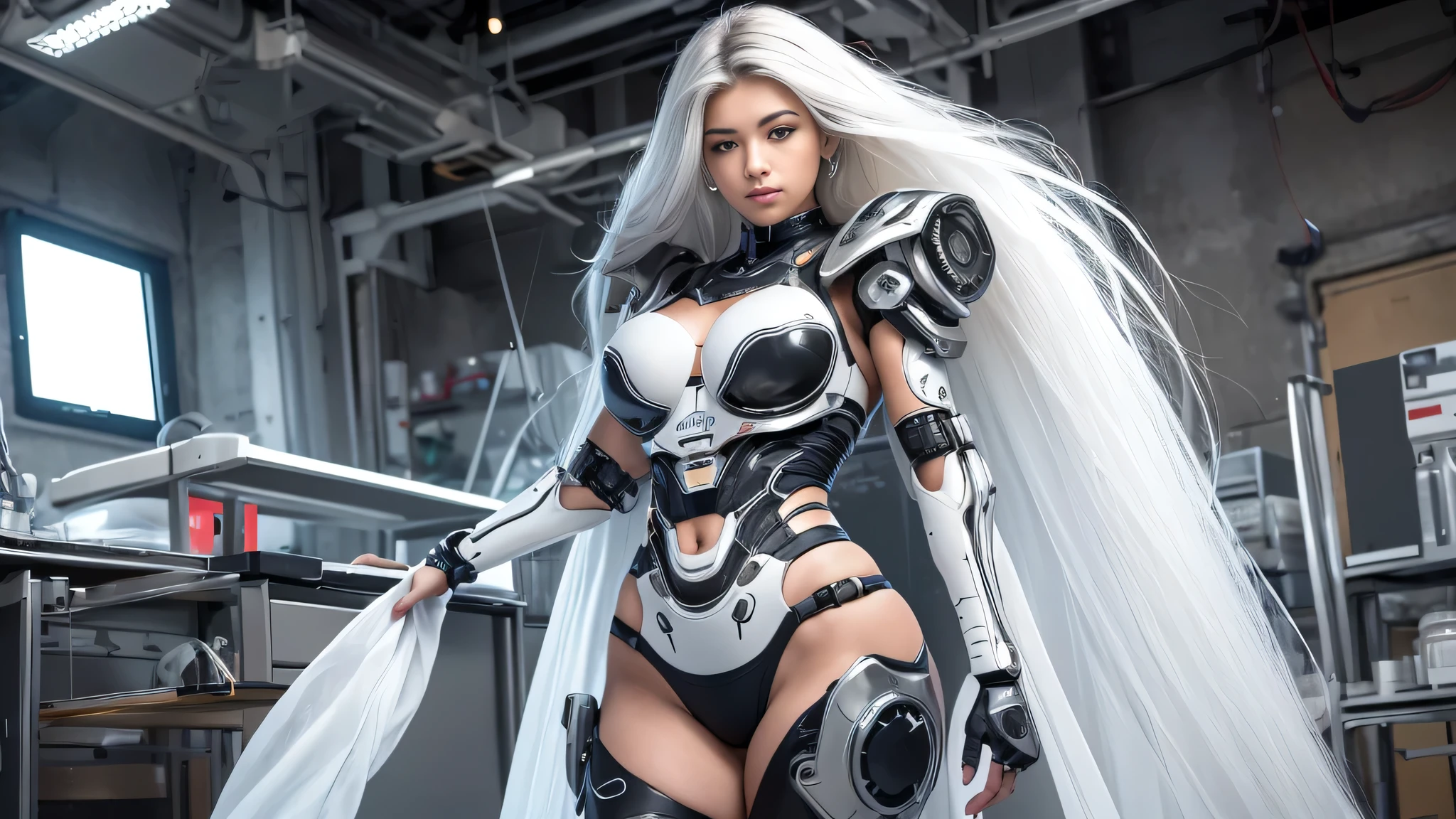 Beautiful Face,face is Japan, 1 Woman, Big, Curvaceous, (16k, RAW photo, top quality, masterpiece: 1.2), (HDR, Realistic, Photorealistic: 1.37) (tube attached to the body), (Bikini Cyborg robot parts)))), (light gray hair), Long hair, Wavy hair, Twin tails, Medium shot, ( Seductive smile)), (black eyes), double eyelids, princess cut, from below, (whole body),posing,,in the lab,( tube connected to blood vessel),((mechanical vertebrae attached to the back)),((mechanical neck attached to the neck)),(wire and cable attached to head and body),(character focus),science fiction,perfect female figure,perfect anatomy, hyperanatomy, full body shot, relationship between up to 4 fingers and 1 thumb, spherical joint,