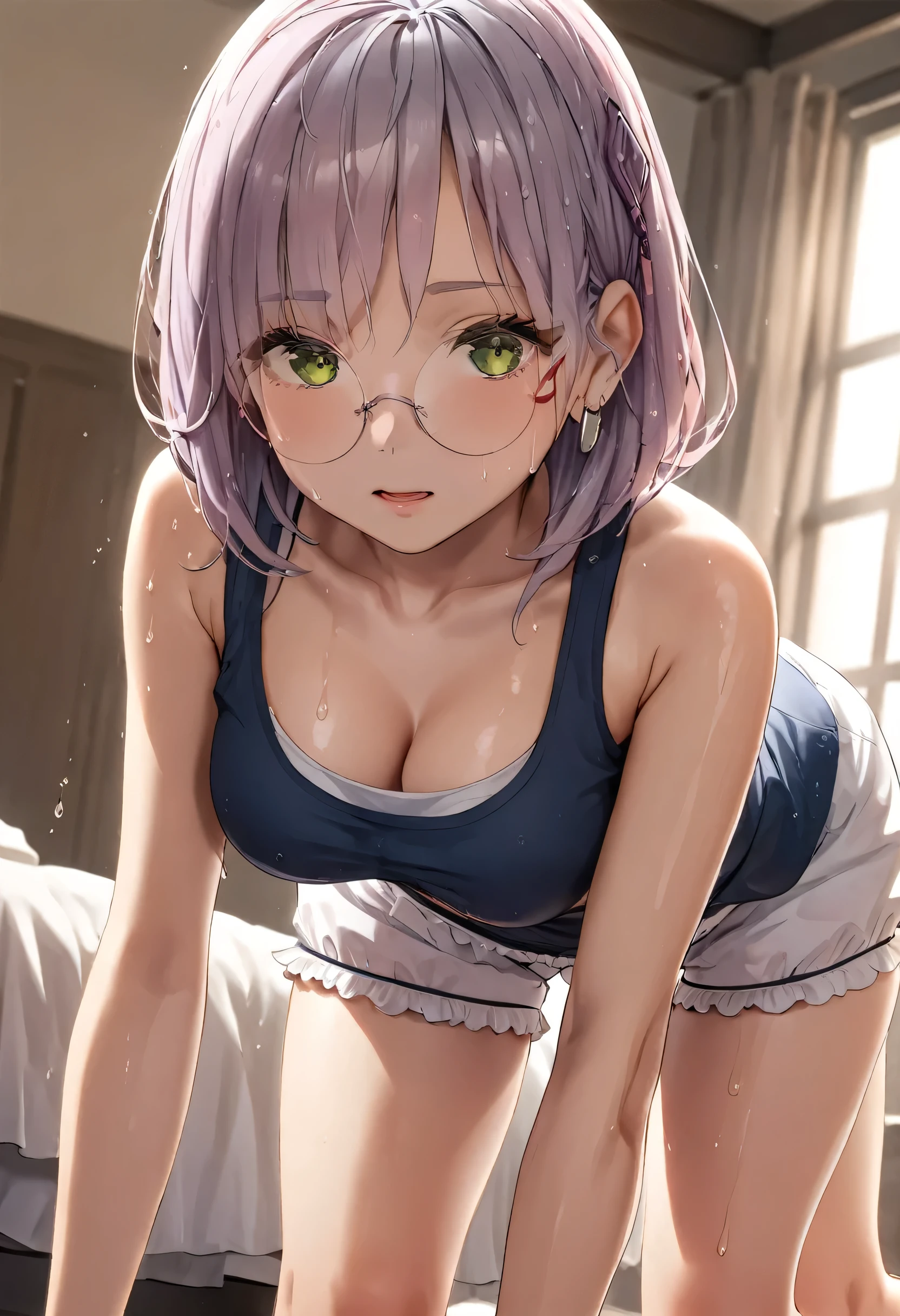 Bloomers Tank top Modest chest belly button Thighs Bob Short Wet Hair Sweaty On all fours