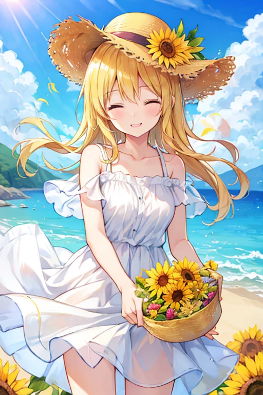 Summer sky、sunflower、Straw hat、A smile in the sky、Oxytocin、The best smile you want to protect、Open your mouth wide、close your eyes、It got brighter, Lively、White dress