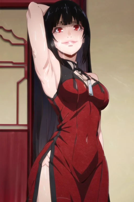 ((best quality)),((highly detailed)),masterpiece,absurdres,detailed face,beautiful face,(detailed eyes, deep eyes),1girl,((dynamic pose)), jabami yumeko, black hair, long hair, solo, red eyes, bow, large breasts, cowboy shot, chinese town, outdoors, seductive smile, looking at viewer, wearing red chinese dress, put your hands behind your head, armpits, armpits visible, sweaty armpits,
