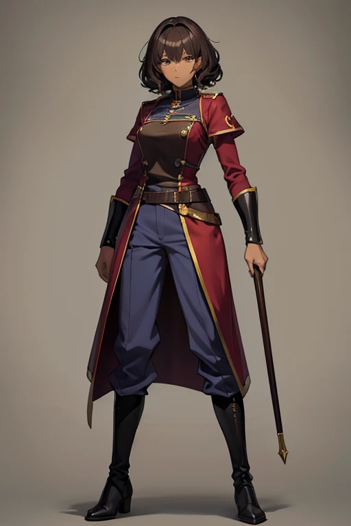 Anime Art、Full body portrait、Dungeons&Dragons Soldier、A tall, dark-skinned soldier-type woman, about 28 years old, standing upright, about 180cm tall and wearing long trousers.、Curly short brown hair、Crying face、boots、Leggers、Arm guard